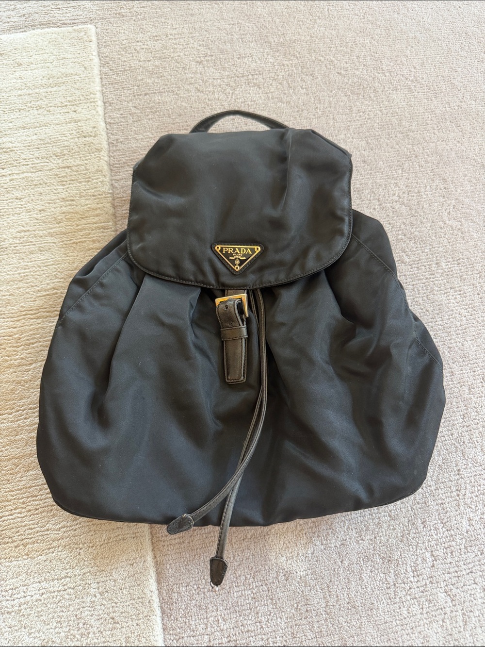 Prada Black Nylon Drawstring Flap Backpack